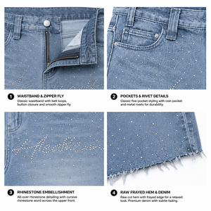 Short en jean taille haute pour femme, style Y2K, orné de strass et de perles de cristal, coupe Bermuda, ourlet brut, streetwear, en denim bleu déchiré - Product Image 4