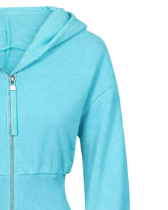 Manufacturer Custom Womens Aqua Blue <b>Cropped</b> <b>Zip</b> <b>Up</b> Hoodie Slim Fit Long Sleeve Casual Streetwear Cotton Fleece Sweatshirt - Product Image 6