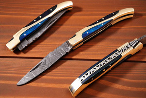 Couteau pliant Laguiole en acier Damas fait main, manche en bois bleu et laiton, couteau de poche EDC, fabricant et fournisseur en gros - Product Image 3