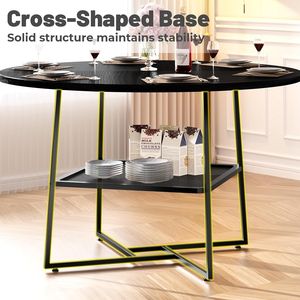 Tavolo da Pranzo Rotondo da 51 Piedi con Ripiano Portaoggetti per 4-6 Persone, Motivo a Strisce di Tigre/Nero, Salvaspazio e Stabile - Product Image 4