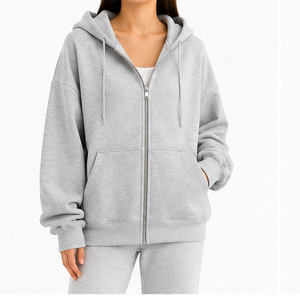 Sweat-shirt en molleton à capuche surdimensionné pour femme, fermeture éclair, marron uni, manches longues, longueur normale, coton respirant, vêtements d'automne - Product Image 5
