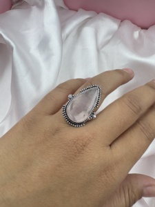 Natural Rose Quartz Pear Cabochon 925 Silver Plated Unisex Trendy <b>Statement</b> <b>Ring</b> Vintage Handmade Jewelry - Product Image 5