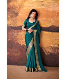 ชุดส่าหรีผ้า MassMello ล่าสุดสำหรับผู้หญิง ตกแต่งด้วยงานปักดิ้นทอง เหมาะสำหรับงานแต่งงานและงานเทศกาล คอลเลคชั่นส่าหรีงานปักเรียบง่าย - Product Image 1