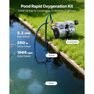 Compressore d'aria da 3/4 HP, sistema di aerazione da 5,2 CFM, 2 diffusori, 100 tubi ponderati, aeratori per laghetto per 3 aeratori per macchine di acquacoltura - Product Image 2