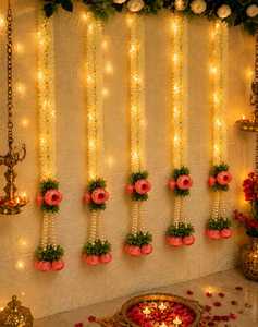 Guirlande murale de fleurs artificielles traditionnelles faites à la main, jasmin blanc, mogra, rose rouge, fausses perles, décoration intérieure, mariage - Product Image 3