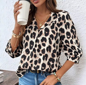 เสื้อเบลาส์แขน 3/4 คอวีพิมพ์ลายเสือดาวสำหรับผู้หญิง เสื้อเชิ้ตติดกระดุมทรงหลวมลำลอง - Product Image 3