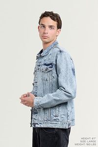 <b>Men's</b> Light Blue Denim <b>Jacket</b> Casual Washed Cotton Loose Fit Turn-down Collar Single Breasted Regular Sleeve - Product Image 5