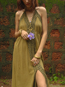 Vestido Halter Boho Hecho a Mano, Vestido Largo de Algodón con Estampado de Bloques Vintage, Vestido Artesanal con Estampado Geométrico en Tonos Tierra Marrones - Product Image 4