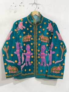 Chaqueta Suzani Azul Marino 100% Algodón, Acolchada, Ecológica, Bordada a Mano, con Patrón Floral Vintage, para Mujer, Otoño - Product Image 6