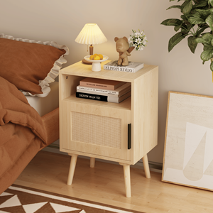 Comodino in Rattan 22.83 H con Anta e Ripiano Aperto, Gambe in Legno Massello, Tavolino d'Appoggio per Camera da Letto e Dormitorio - Product Image 2