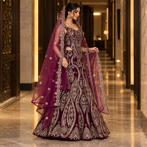 Wine Burgundy Bridal Lehenga Choli with Floral Embroidery | Indian Wedding Outfit with Flared Skirt and Embroidered <b>Net</b> <b>Dupatta</b> - Product Image 3