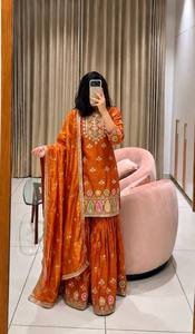 Ensemble Salwar en soie brodée orange avec dupatta, longueur au sol, tenue traditionnelle indienne et pakistanaise pour femmes, robe de mariage - Product Image 3