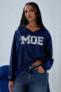 Maillot de football personnalisé à manches longues avec lettres en strass, haut athlétique en maille, streetwear oversize, fournisseur de maillots de football américain - Product Image 2