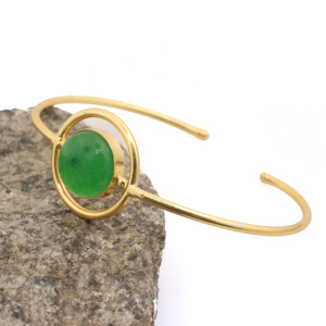 Handmade Classic 18K Gold Plated Oval Cut Green Jade Gemstone Brass Cuff Bangle | Adjustable Gemstone Bangle for Women Gift - Product Image 4