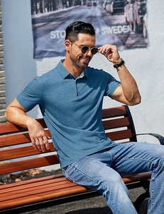 Polo de Manga Corta Azul para Hombre, Color Sólido, Tejido de Algodón, Ropa Casual - Product Image 4
