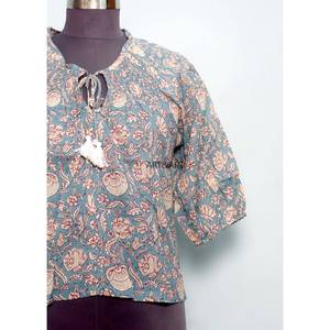 Haut en coton imprimé à la main indien pour femme, doux, fait main, style bohème décontracté vintage, manches mi-ballon, taille naturelle, idéal pour l'été - Product Image 3
