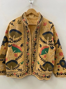 Chaqueta con Cuello Mandarín y Bordado Floral, Manga Larga, Estilo Bohemio, Informal, de Otoño, para Mujer, en Algodón y Fibra de Bambú - Product Image 1