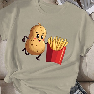 Camiseta cómoda informal para mujer con estampado de dibujos animados Running Potato and Fries hecha de tejido de punto de poliéster - Product Image 3
