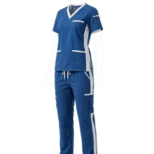 Conjunto de Uniforme Médico Unisex Azul y Blanco de Poliéster Transpirable, Top de Manga Corta y Pantalones, Ropa de Trabajo para Adultos - Product Image 3