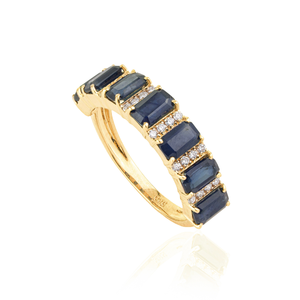 Anillo de media eternidad de oro amarillo real de 14 quilates con zafiro azul y diamantes, estilo moderno con piedras preciosas, para joyería unisex. - Product Image 3