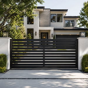 Portail de garage moderne en métal noir à lattes horizontales avec double panneau pour l'entrée de villa, clôture de sécurité et d'intimité - Product Image 1