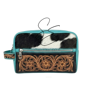 Trousse de Toilette en Cuir Turquoise Façonné Style Western Cowgirl avec Poils, Trousse de Voyage Vintage, Organisateur de Maquillage, Trousse de Toilette de Voyage - Product Image 1