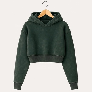 Sweat-shirt à capuche court vert foncé pour femme, à manches longues, couleur unie, tricoté, décontracté, pour l'automne - Product Image 1