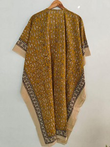 Boho Mustard Yellow Fish Pattern Handprint Kaftan Dress With <b>Tie</b> <b>Back</b> Loose Fit Short Sleeve Cotton Summer Casual Dress - Product Image 3