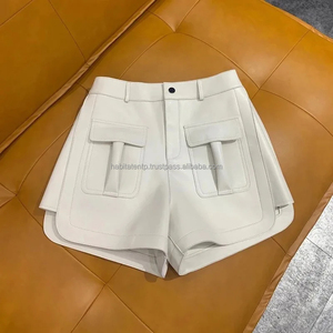 Shorts en cuir véritable pour femme, taille haute, collection Printemps-Été 2026, style coréen, avec poches, décontracté, en peau de mouton, blanc, streetwear - Product Image 1