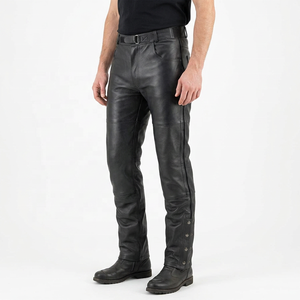 <b>Men's</b> <b>Black</b> Leather Moto Biker <b>Pants</b> Mid Waist Straight Fit Zipper Fly Winter Style Lightweight Breathable Multi-Pockets Casual - Product Image 1