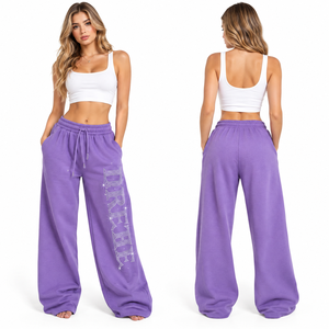 <b>Women</b> Rhinestone Letter Printed Wide Leg Sweatpants Drawstring High Waist Baggy Casual <b>Sweat</b> <b>Pant</b> Breathable Winter Wear Pajama - Product Image 2