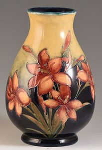 Linea Exports Inc Ceramic Round <b>Vase</b> With Orange Lily Design Glossy Finish Handmade Traditional Style Tabletop Decor - Product Image 1
