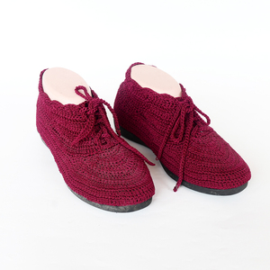 Handmade Crochet Ankle Boots <b>Women</b> Maroon Lace Up Knitted <b>Booties</b> Flat Walking Shoes Pure Art Setup Handcrafted Footwears Sets - Product Image 1