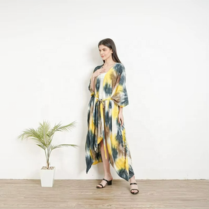 Kimono de mujer estilo bohemio tie-dye, el más vendido, cárdigan largo de verano con bolsillos delanteros abiertos, cintura natural, teñido liso, estilo dulce - Product Image 3