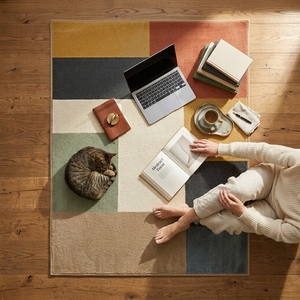 Tapis moderne tissé géométrique tufté à poils coupés en coton biologique, rectangulaire, antidérapant, pour salon, à poils moyens, design color block - Product Image 6