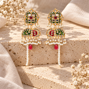 Gold Plated Red Green Meenakari Kundan Style Earrings with Faux Pearls <b>Pakistani</b> Wedding <b>Jewelry</b> Factory Wholesale - Product Image 1