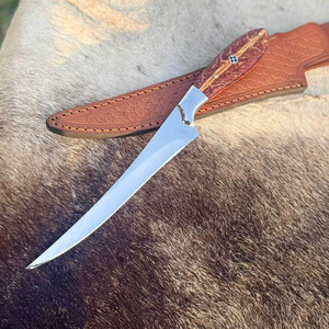 Cuchillo de filetear hecho a mano con hoja larga, estrecha y curva, utilizado para desollar, con funda de cuero genuino. - Product Image 5