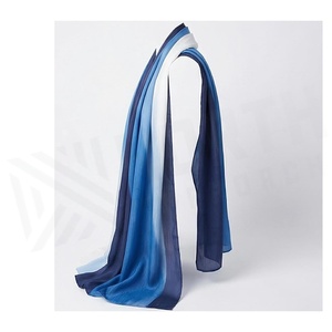 Elegant Women's Square Long <b>Silk</b> Scarf Digital Print Color Blocking Gradient Blue Polyester All Seasons - Product Image 3