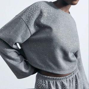 Ensemble de survêtement d'hiver pour hommes grandes tailles, couleur unie, décontracté, avec logo personnalisé, 2 ensembles personnalisables avec strass, sweat à capuche et pantalon de jogging - Product Image 2