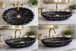 Vasque en marbre noir Nero Marquina, design floral en marbre noir de luxe, lavabo fait main, vasque de salle de bain moderne, lavabo à poser sur comptoir - Product Image 6