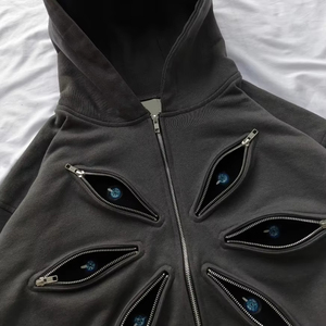 Sweat-shirt à capuche surdimensionné pour homme avec fermeture éclair et motif œil, couleur unie, en coton tricoté, style streetwear - Product Image 3