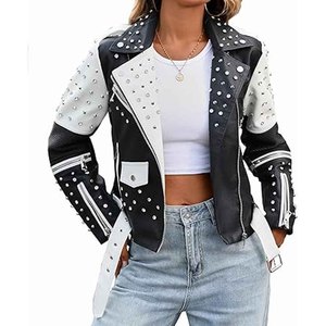 Womens Studded Leather <b>Jacket</b> <b>Punk</b> Biker Style Black PU Genuine Leather Motorcycle <b>Jacket</b> Custom Logo OEM Wholesale - Product Image 4
