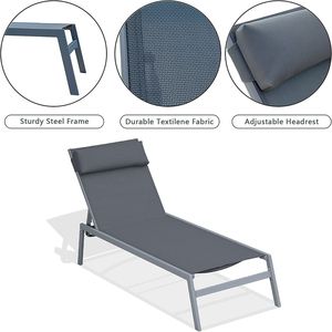 Tumbonas de Textilene de acero para piscina con respaldo ajustable para patio de 3 piezas gris con reposacabezas incluye 2 tumbonas y 1 mesa - Product Image 5