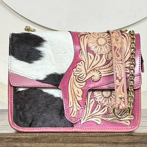 Wholesale Handmade Genuine Hair-On Cowhide <b>Leather</b> Crossbody Bag for Women with Floral <b>Tooled</b> Design Pink <b>Leather</b> Messenger Bag - Product Image 4