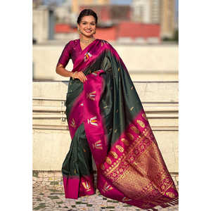 Sari traditionnel indien du sud en soie vert bouteille, tissé Zari, texture douce contrastante, pour soirée - Product Image 2