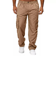 Pantalon cargo décontracté 100 % coton léger, coupe droite, taille mi-haute, fermeture boutonnée, taille élastique, devant plat, tissu Oxford teint uni - Product Image 3