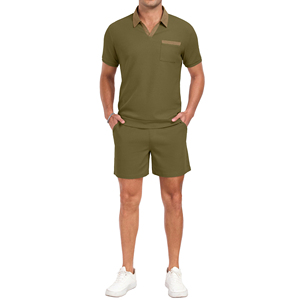 Ensemble polo et short en coton vert olive pour homme, tenue décontractée d'été en deux pièces, tissu tricoté respirant, OEM ODM - Product Image 1