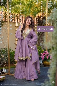 Ensemble Kurta en Chinon pour mariage avec Plazzo et Dupatta fantaisie - Product Image 2