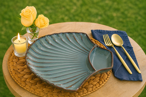 Blue Shell-Shaped <b>Ceramic</b> Serving Platter with Built-in Dip Bowl Decorative Dinner <b>Plate</b> for Pasta, Snacks & Appetizers Modern - Product Image 2