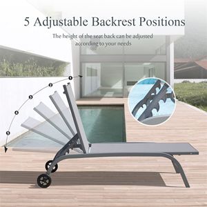 Ensemble de chaises longues d'extérieur grises 2 pièces avec roues réglables 5 positions Chaises longues de plage au bord de la piscine - Product Image 2